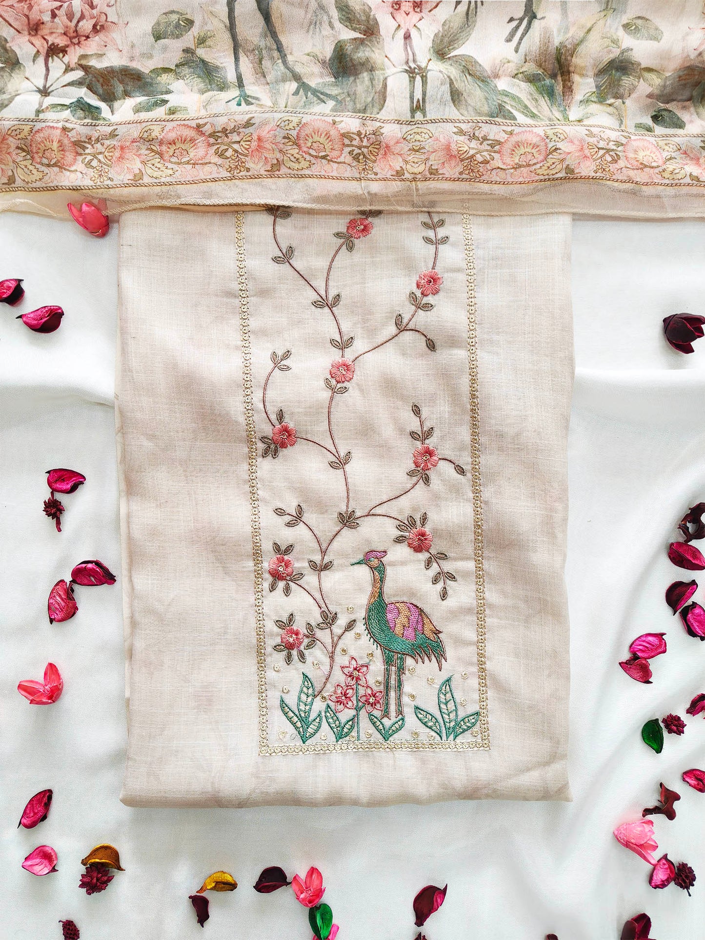 Linen Cotton Unstitched Suit Set with Floral Chiffon Dupatta & Embroidery