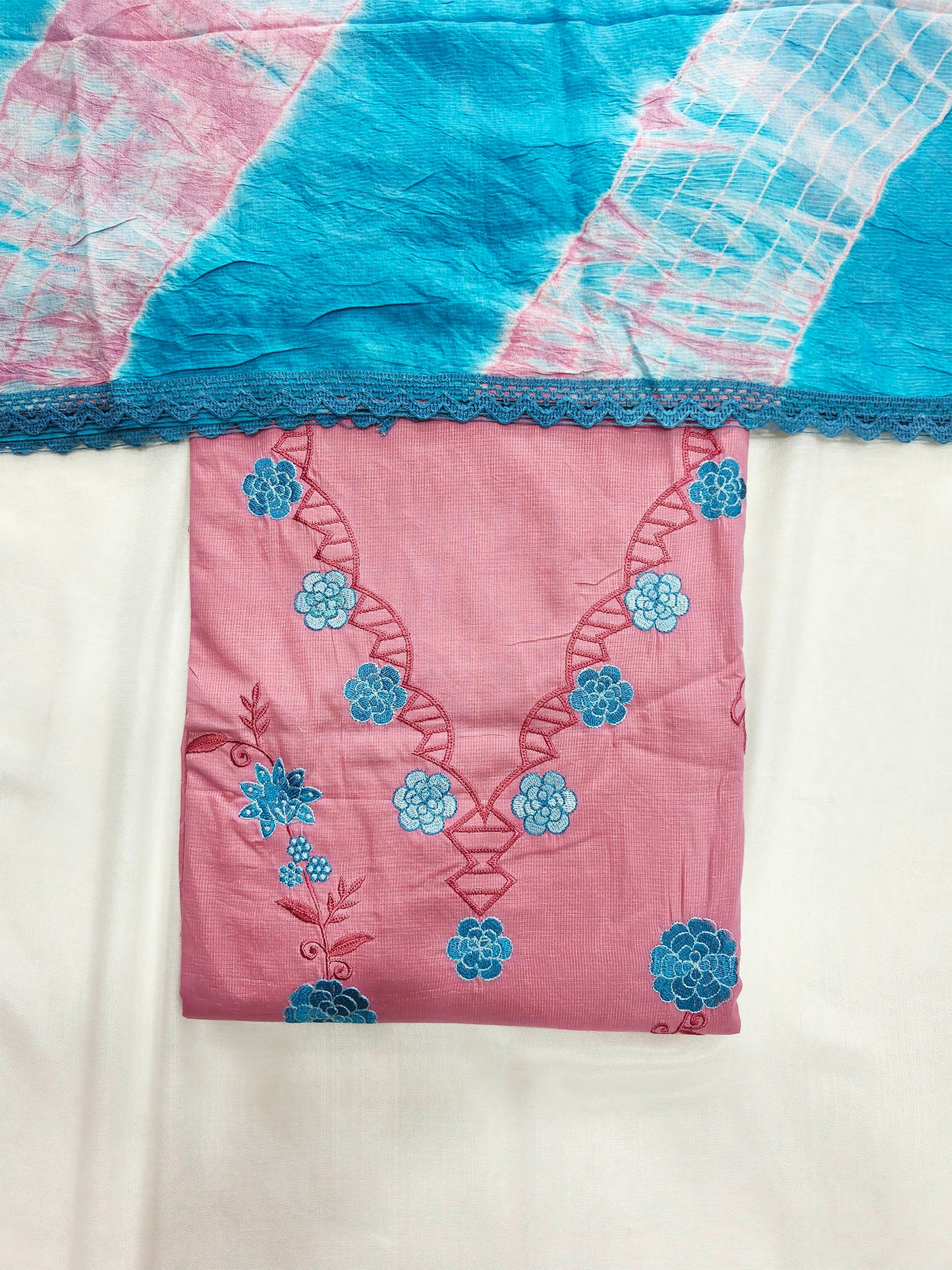 Giza Cotton Unstitched Suit Set with Cut Work Details & Kota Doria Dupatta