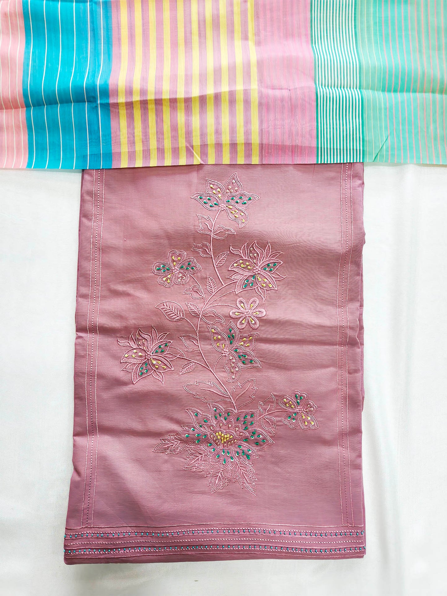 Cotton Unstitched Suit Set with Striped Muslin Dupatta | Onion-Purple