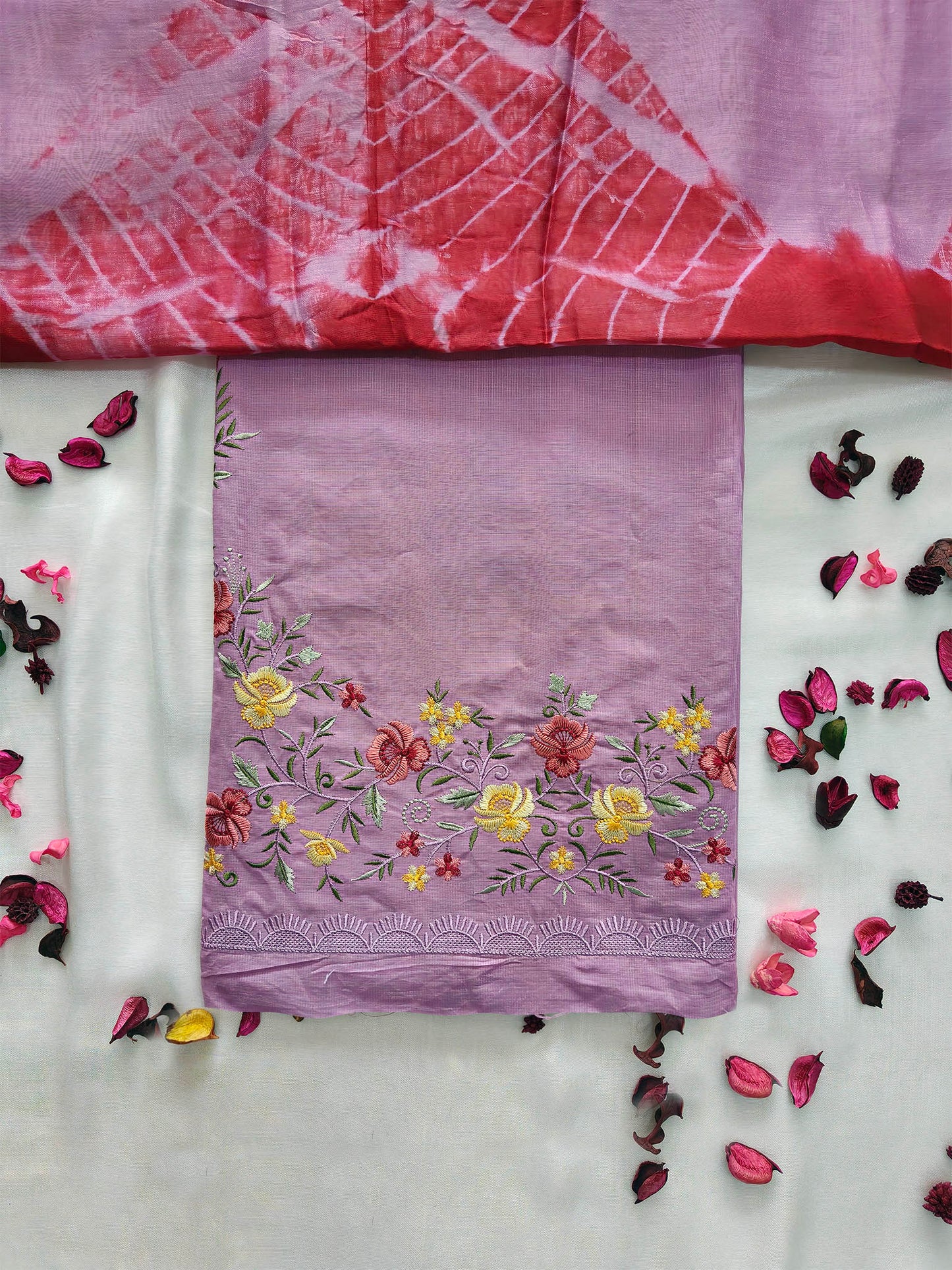Giza Cotton Unstitched Suit Set – Floral Embroidery & Tie-Dye Kota Doria Dupatta