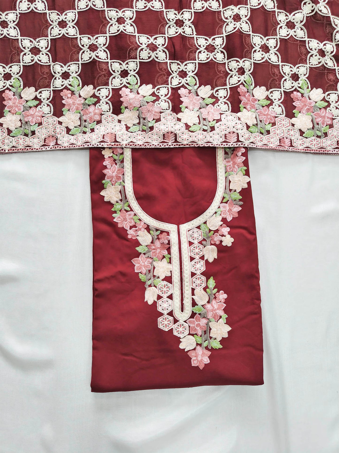 Cotton Unstitched Suit Set – Vibrant Embroidery & Chiffon Dupatta
