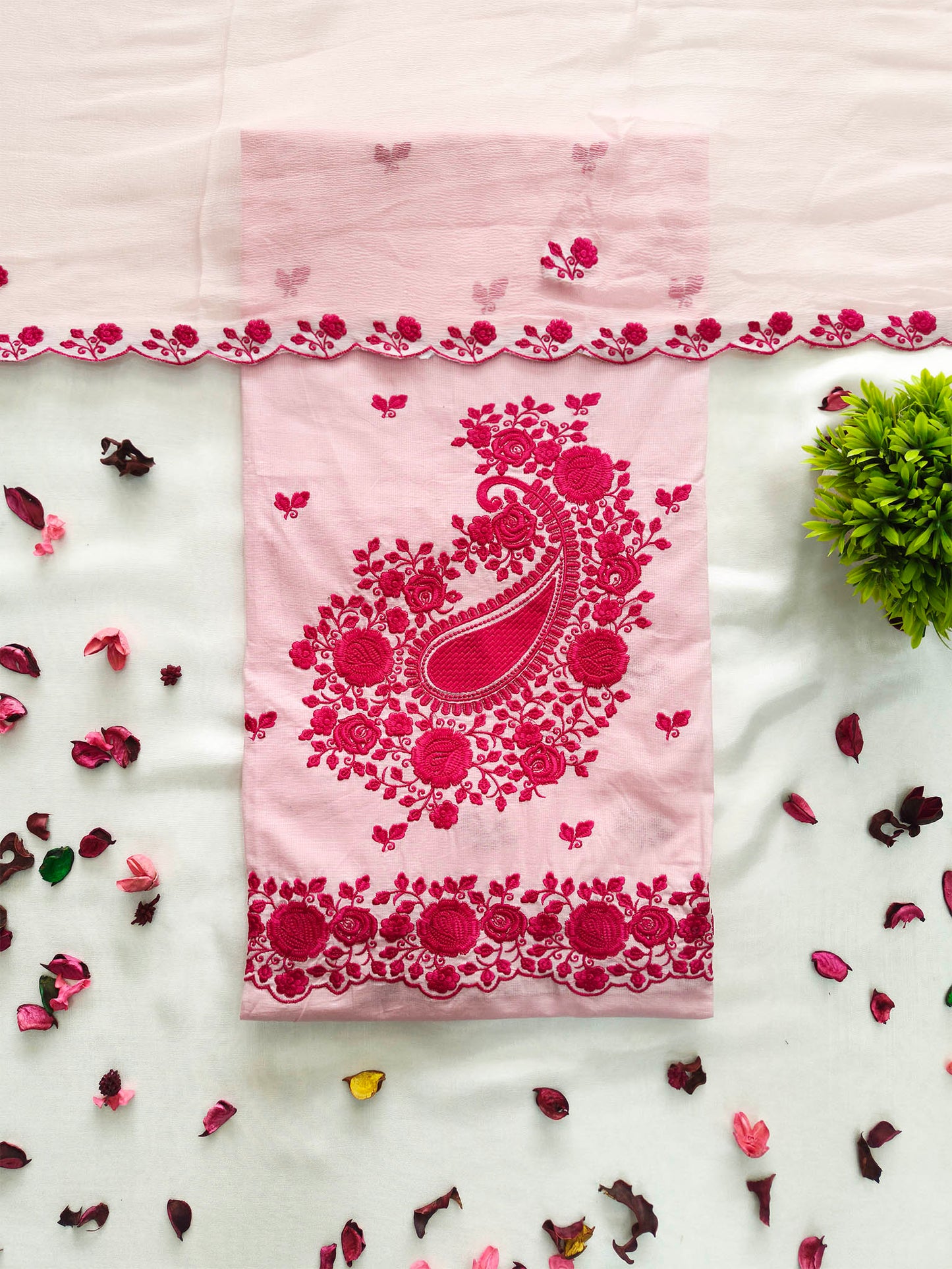 Giza Cotton Unstitched Suit Set with Machine Embroidery & Chiffon Dupatta