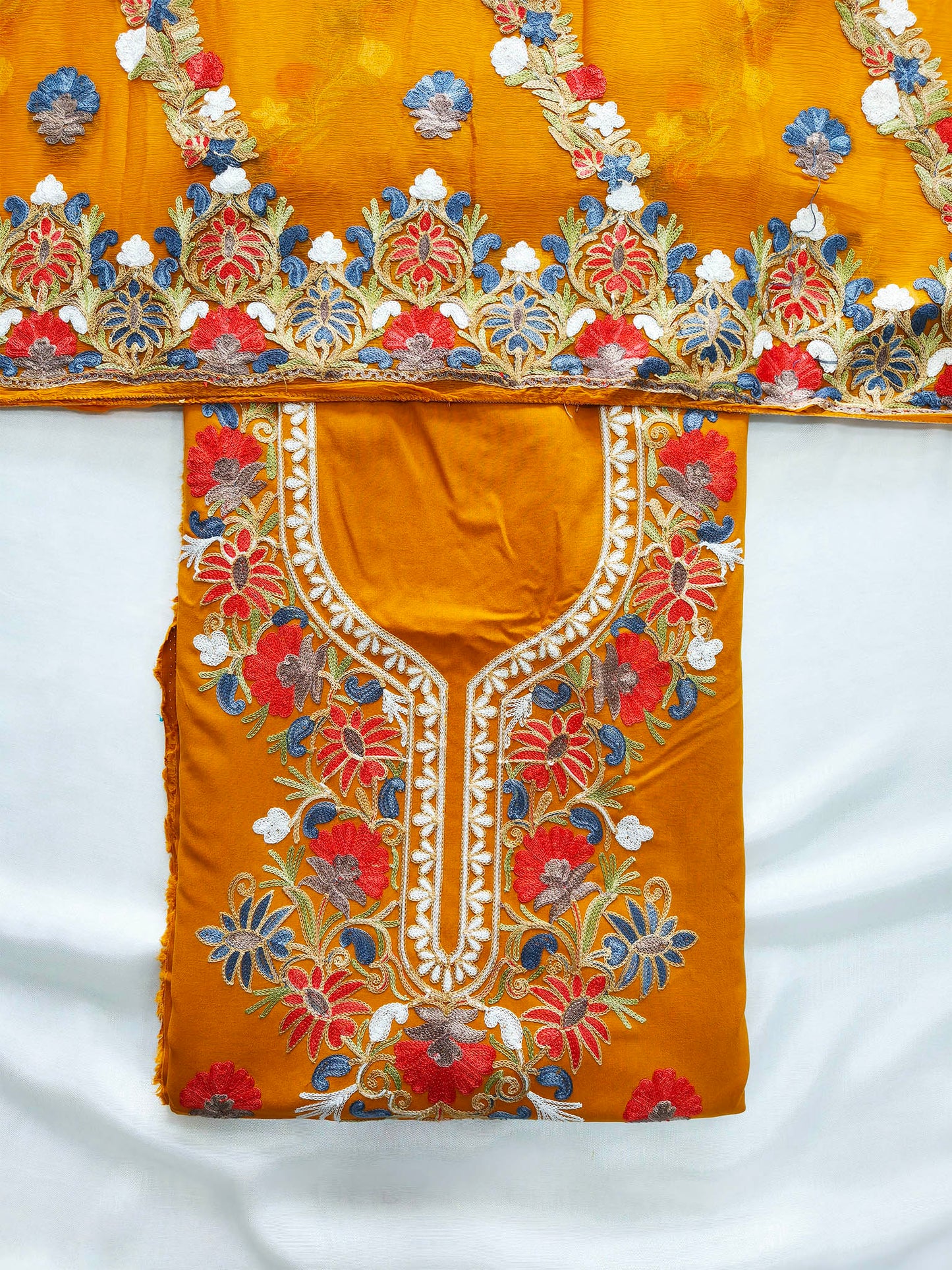 Cotton Unstitched Suit Set – Vibrant Embroidery & Chiffon Dupatta