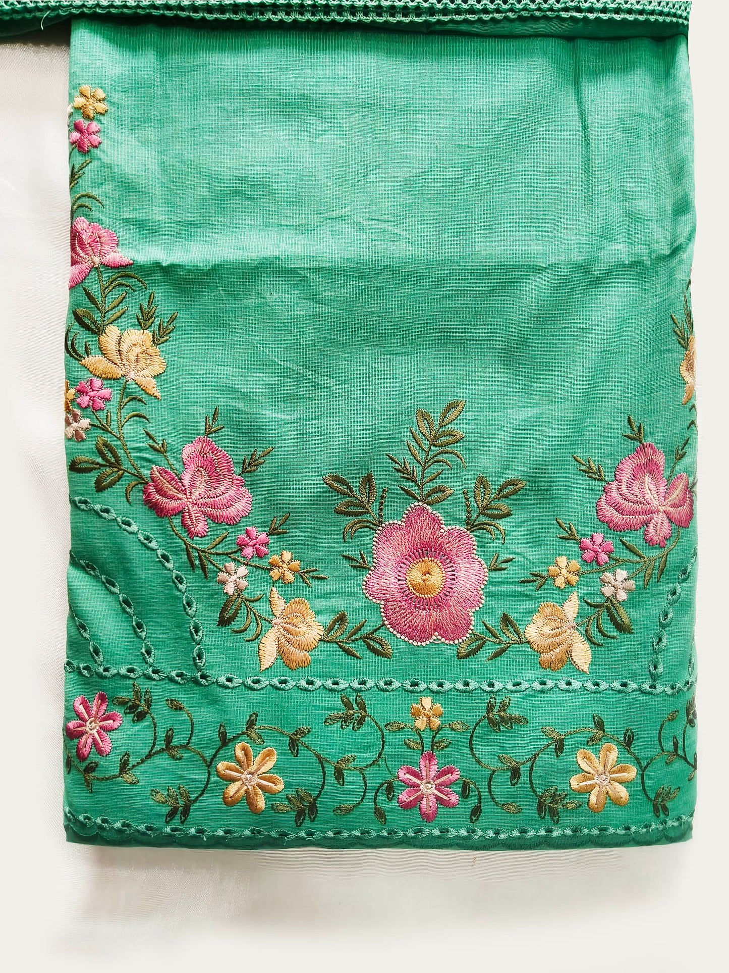 Unstitched Vibrant Giza Cotton Floral Embroidered Suit Set Green & Yellow