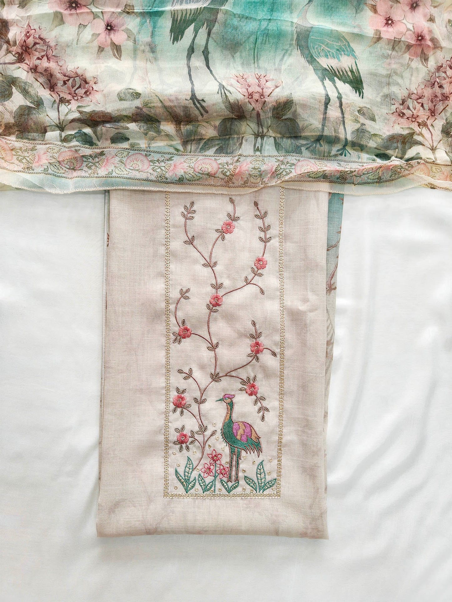 Linen Cotton Unstitched Suit Set with Floral Chiffon Dupatta & Embroidery