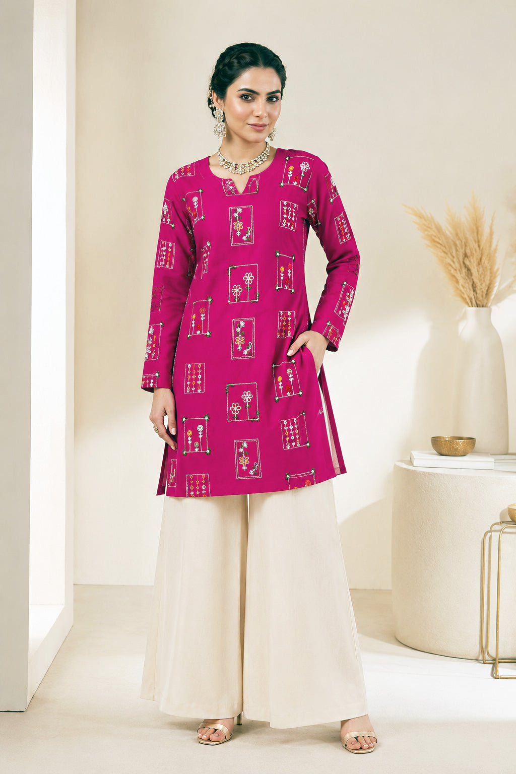 Embroidered Kurti Palazzo Set - Vibrant Magenta
