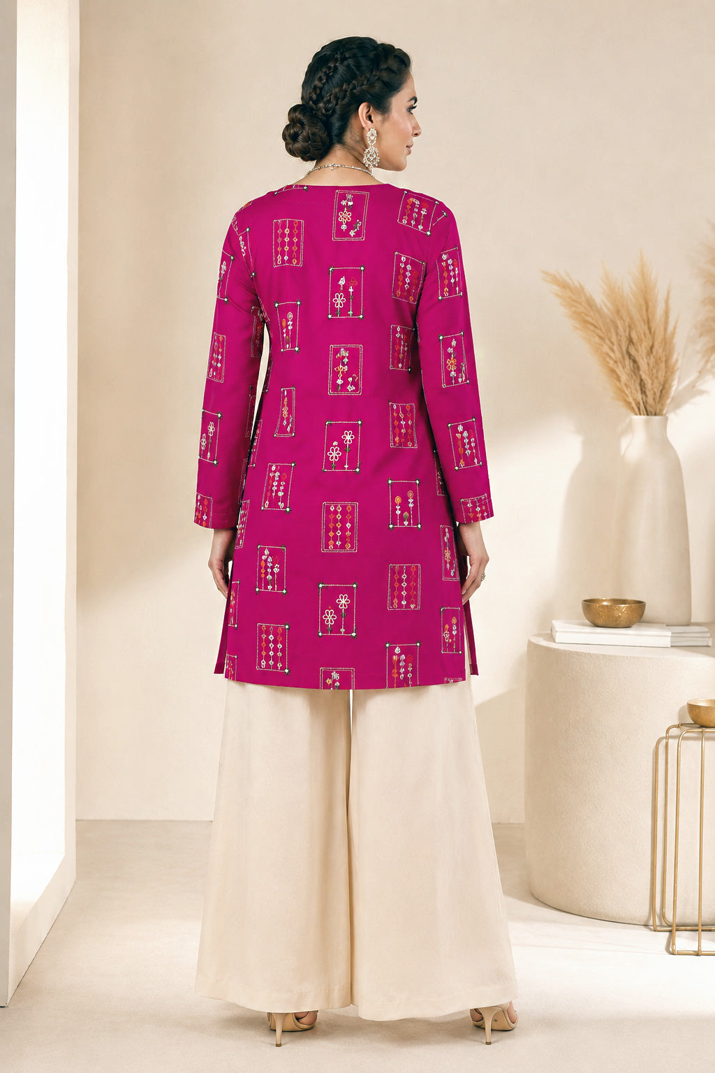 Embroidered Kurti Palazzo Set - Vibrant Magenta