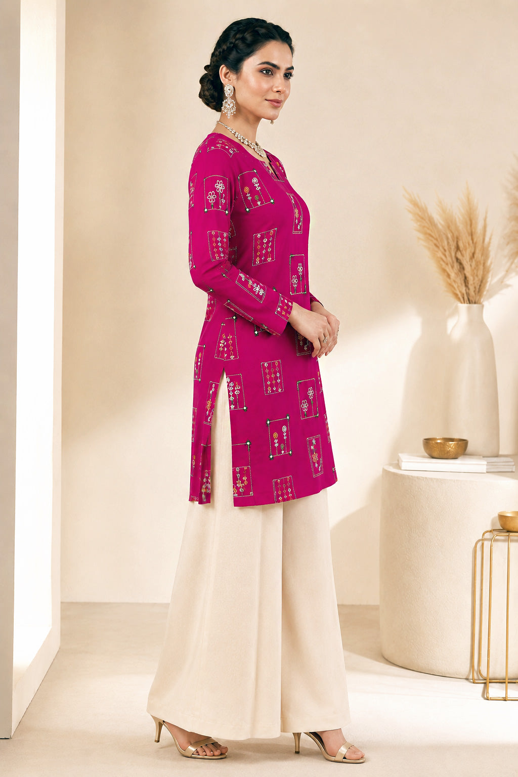 Embroidered Kurti Palazzo Set - Vibrant Magenta