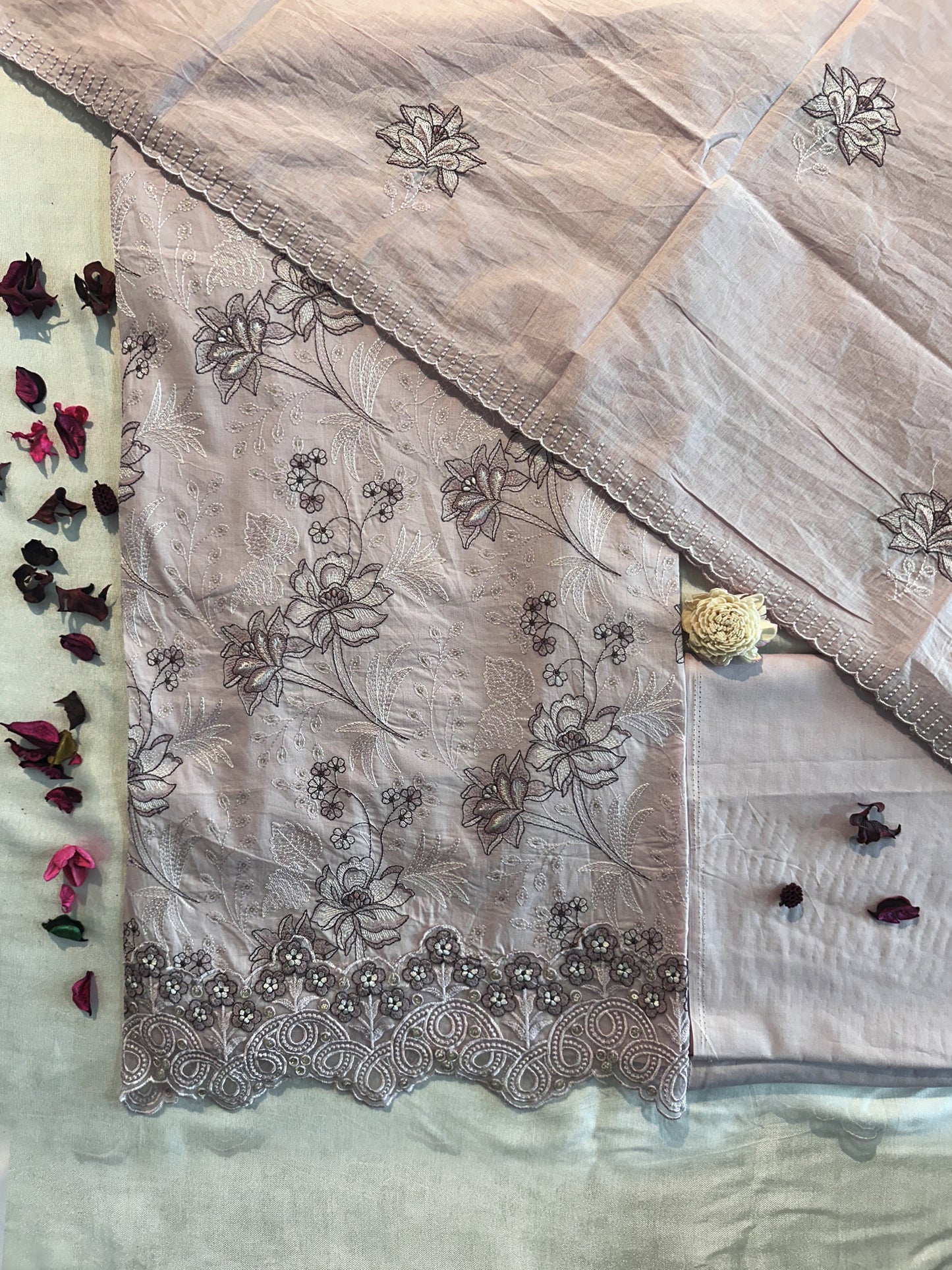 Unstitched Suit Set Cotton Fabric | Grey, Beige, Light Pink, Lemon