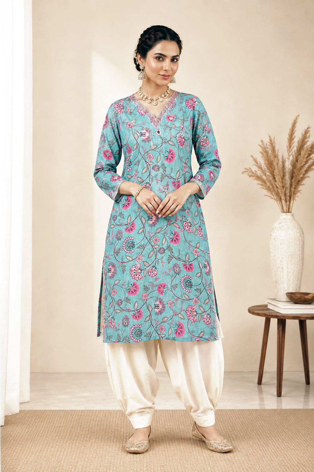 Elegant Floral Printed Kurti Patiala Set – Sea Green & Cream