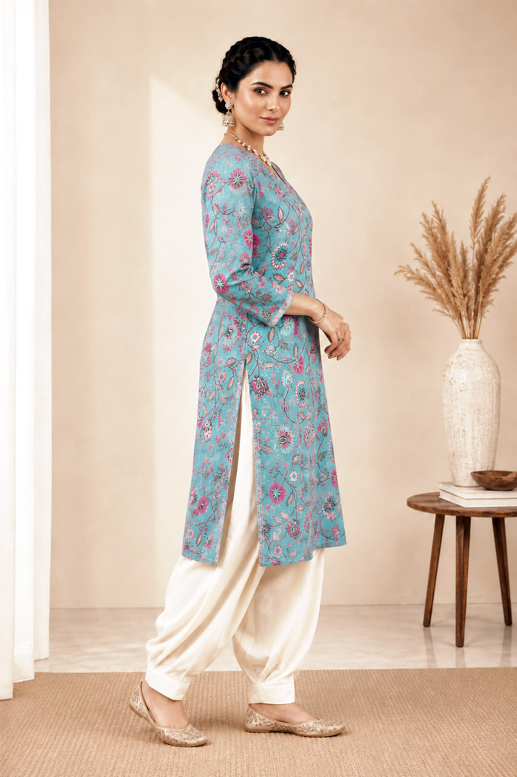Elegant Floral Printed Kurti Patiala Set – Sea Green & Cream