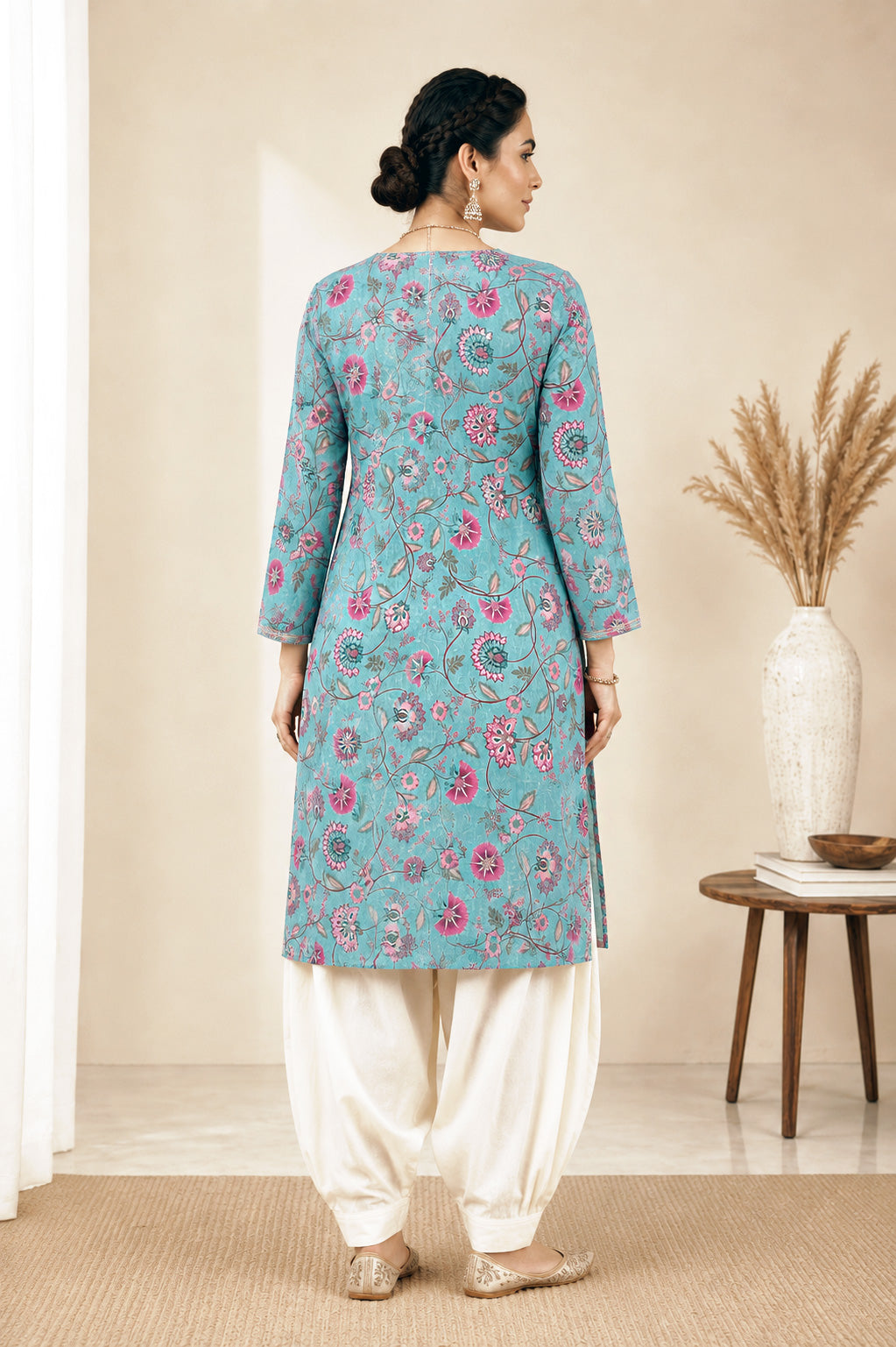 Elegant Floral Printed Kurti Patiala Set – Sea Green & Cream