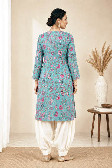 Elegant Floral Printed Kurti Patiala Set – Sea Green & Cream