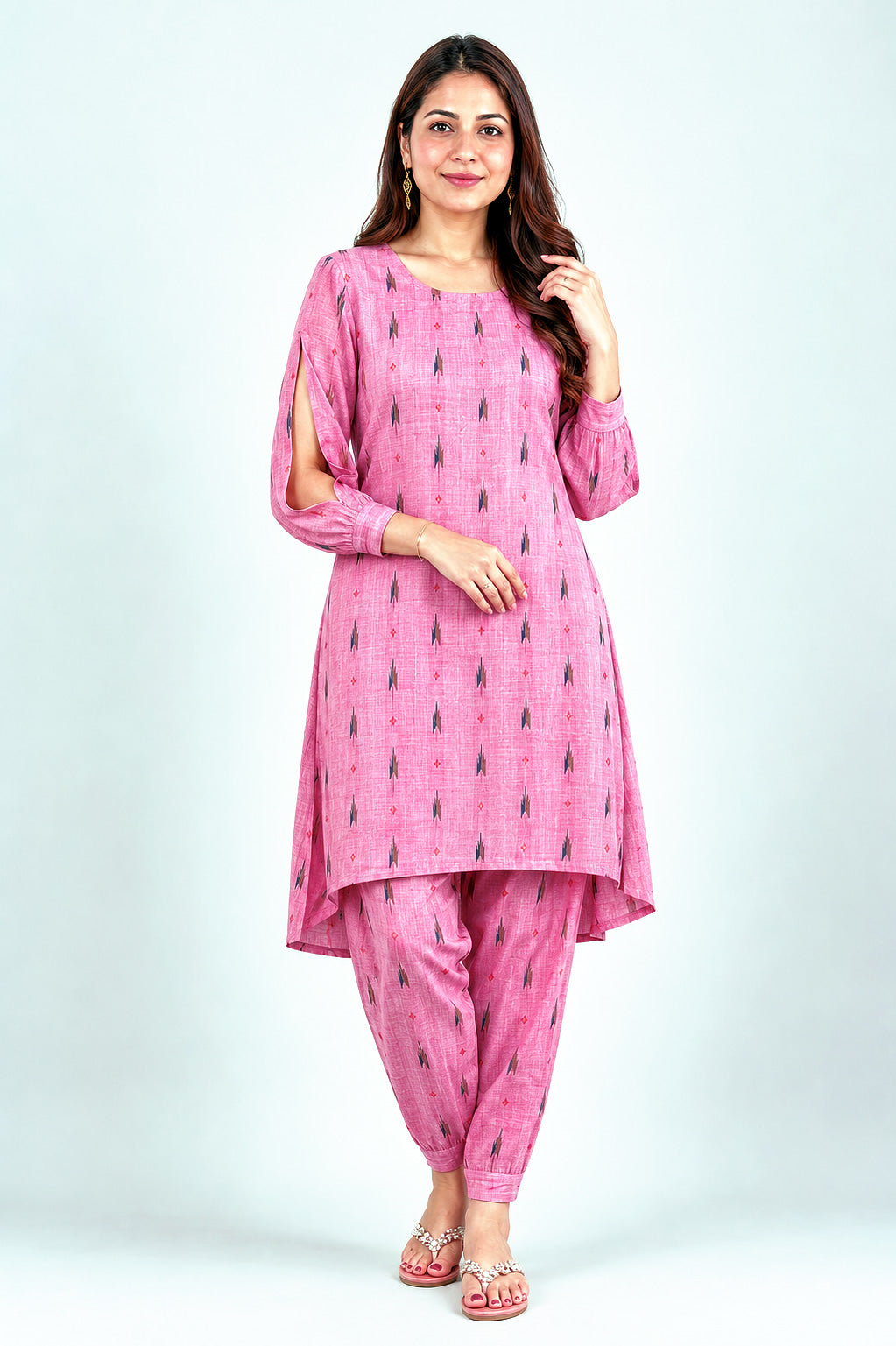 Casual Geometric Ikat Print High-Low Kurta Set with Dhoti Pants