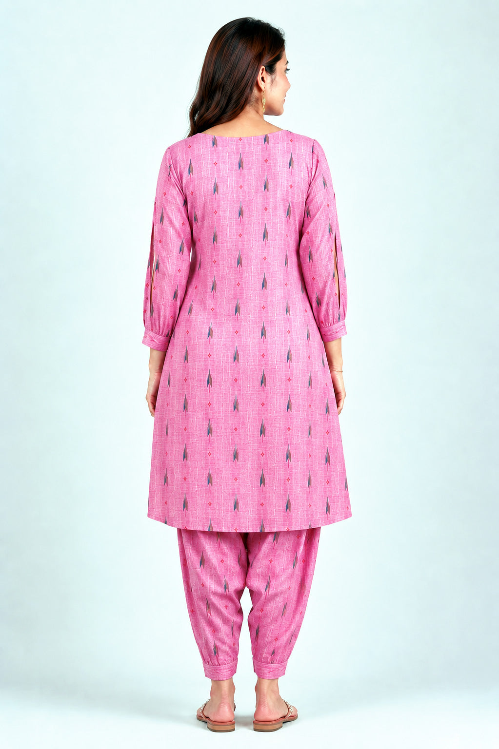 Casual Geometric Ikat Print High-Low Kurta Set with Dhoti Pants
