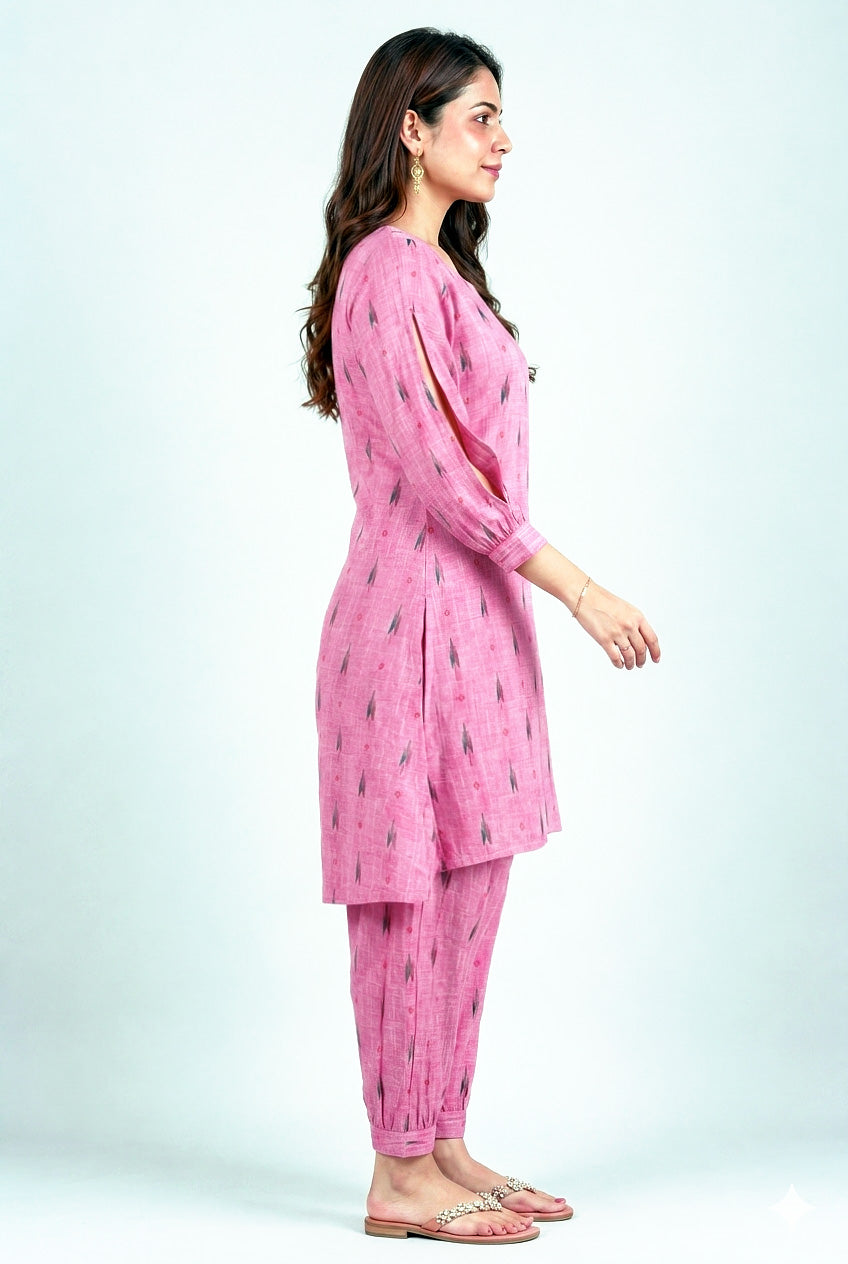 Casual Geometric Ikat Print High-Low Kurta Set with Dhoti Pants