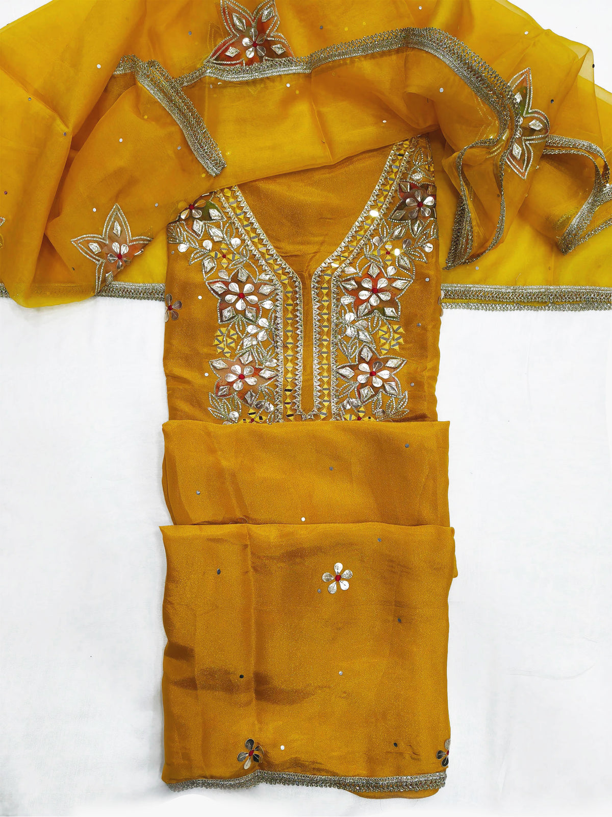 Shimmer Gota Patti Embroidered Unstitched Suit Set with Organza Dupatta