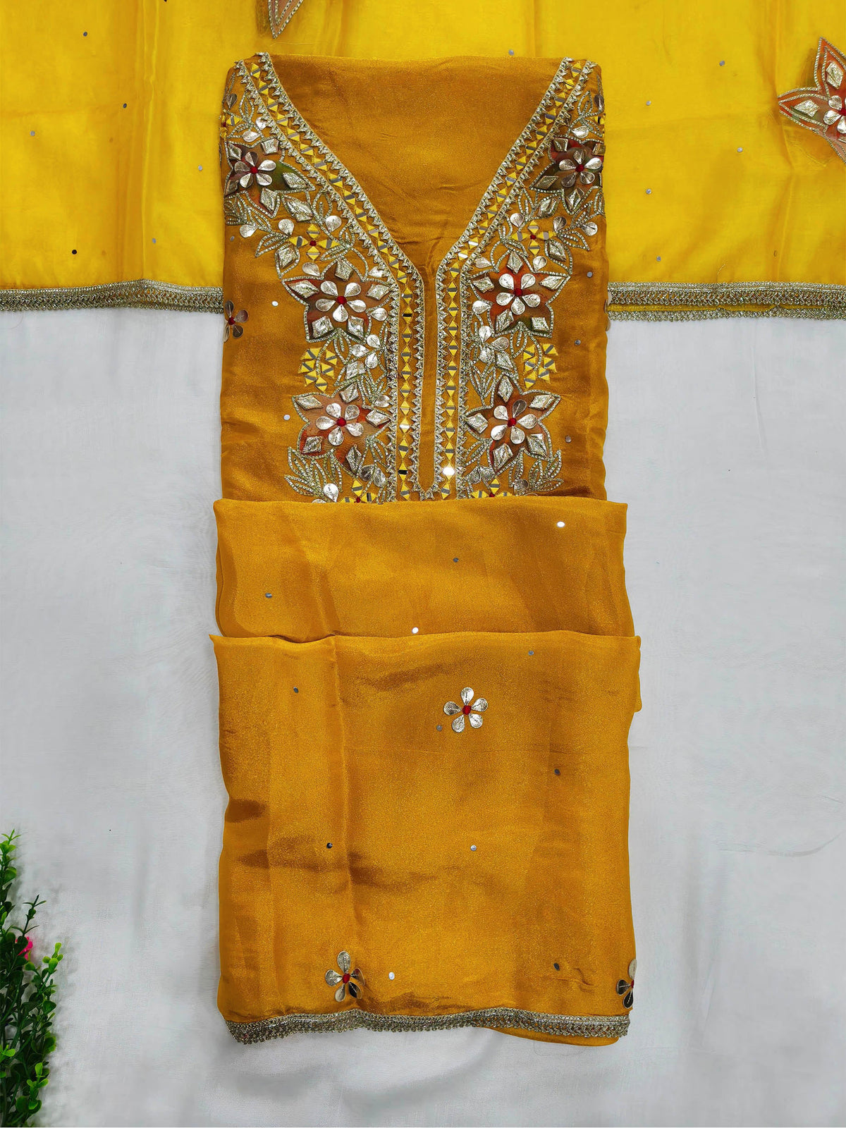 Shimmer Gota Patti Embroidered Unstitched Suit Set with Organza Dupatta