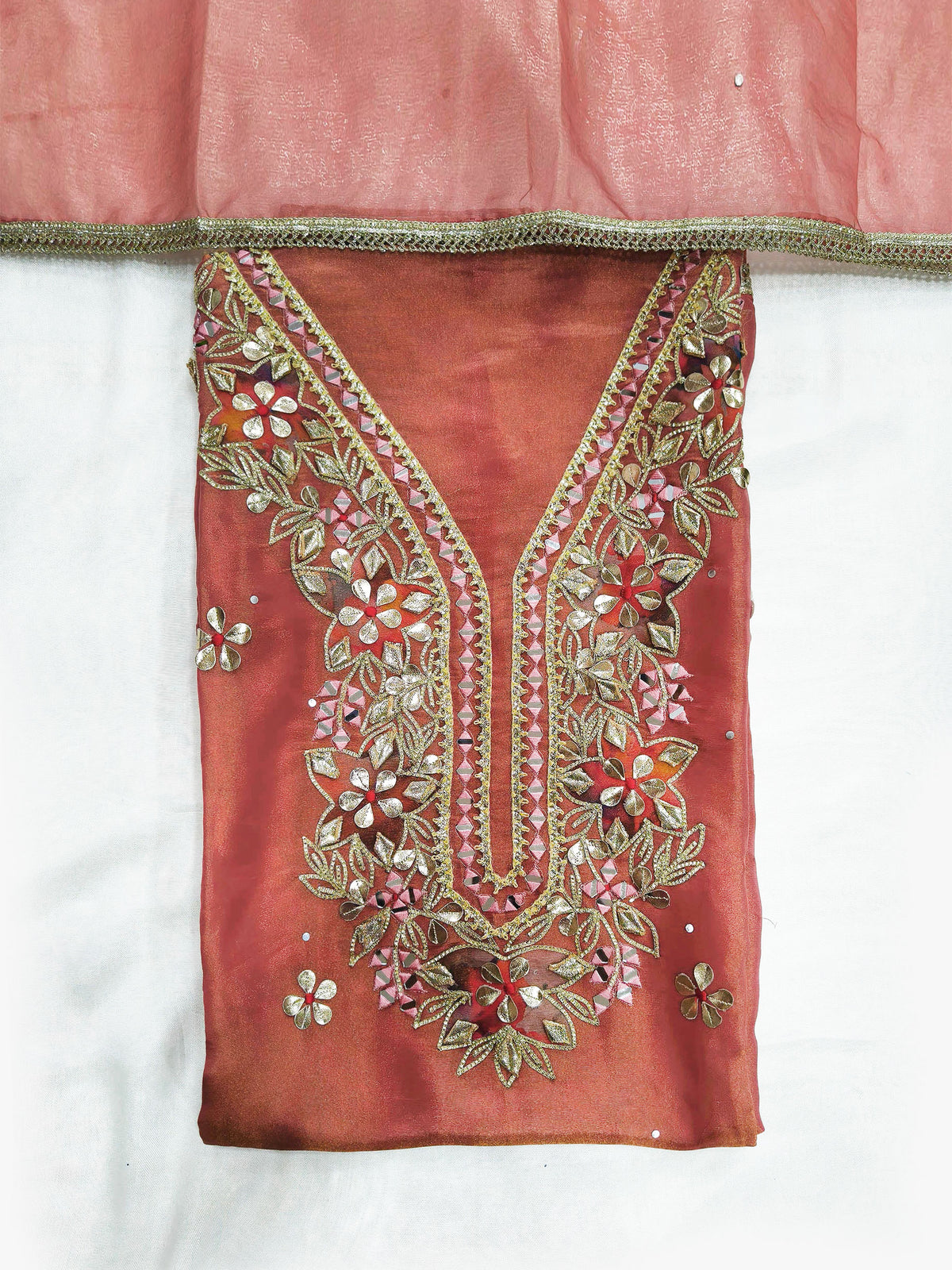 Shimmer Gota Patti Embroidered Unstitched Suit Set with Organza Dupatta