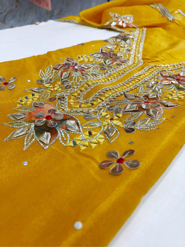 Shimmer Gota Patti Embroidered Unstitched Suit Set with Organza Dupatta