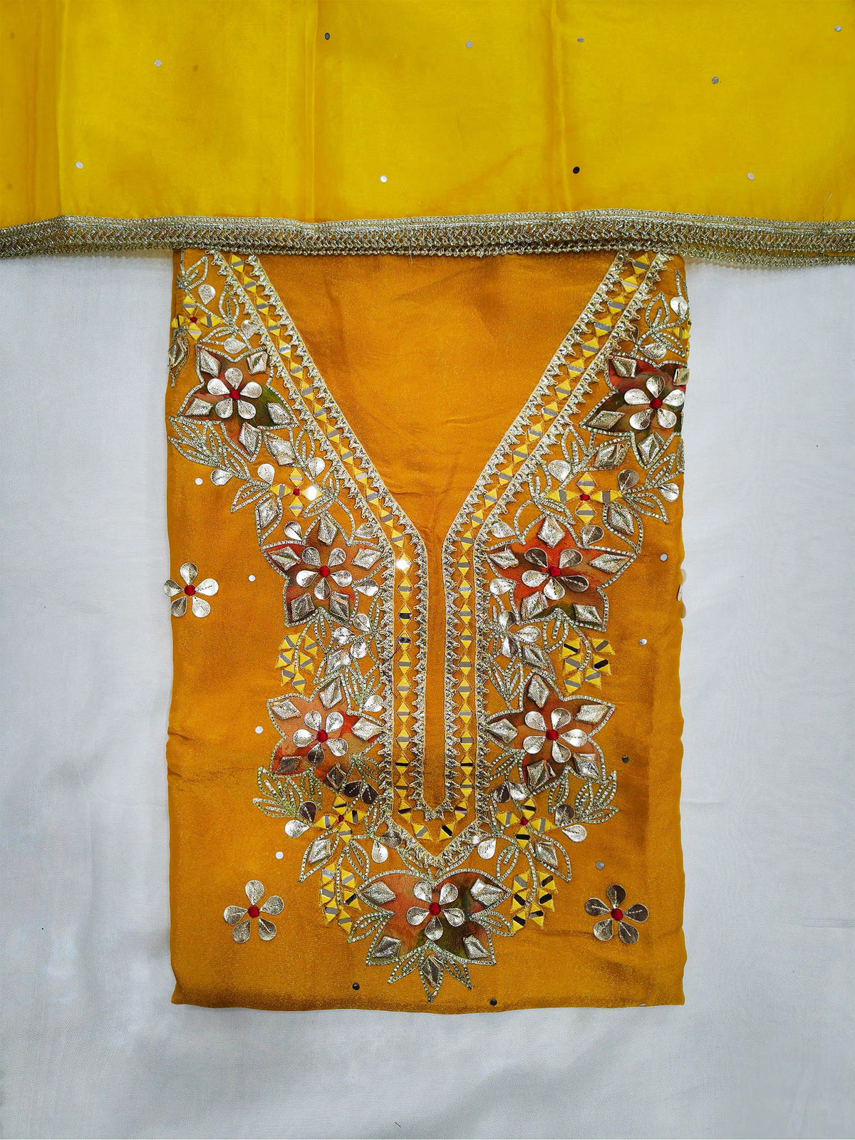 Shimmer Gota Patti Embroidered Unstitched Suit Set with Organza Dupatta