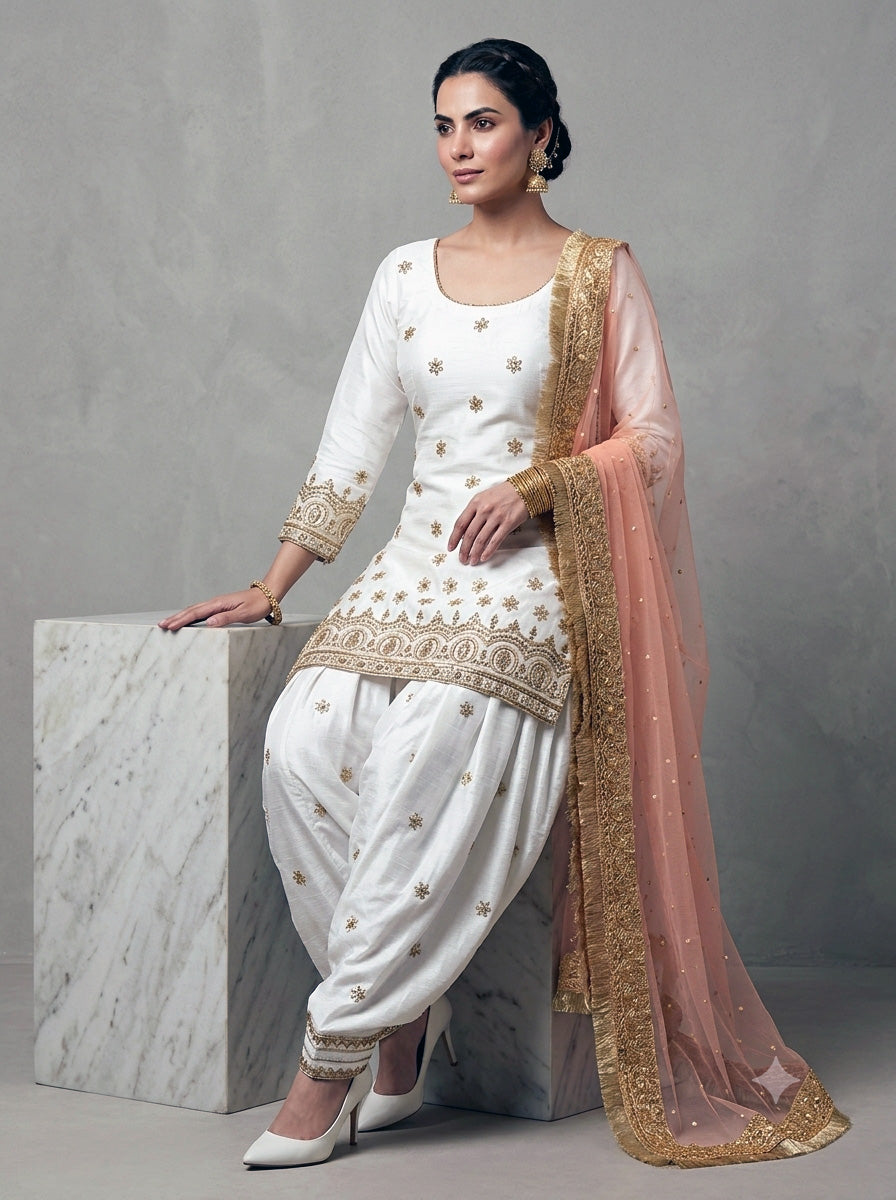 Festive Embroidered Short Kurta Patiala Salwar Set – Off-White