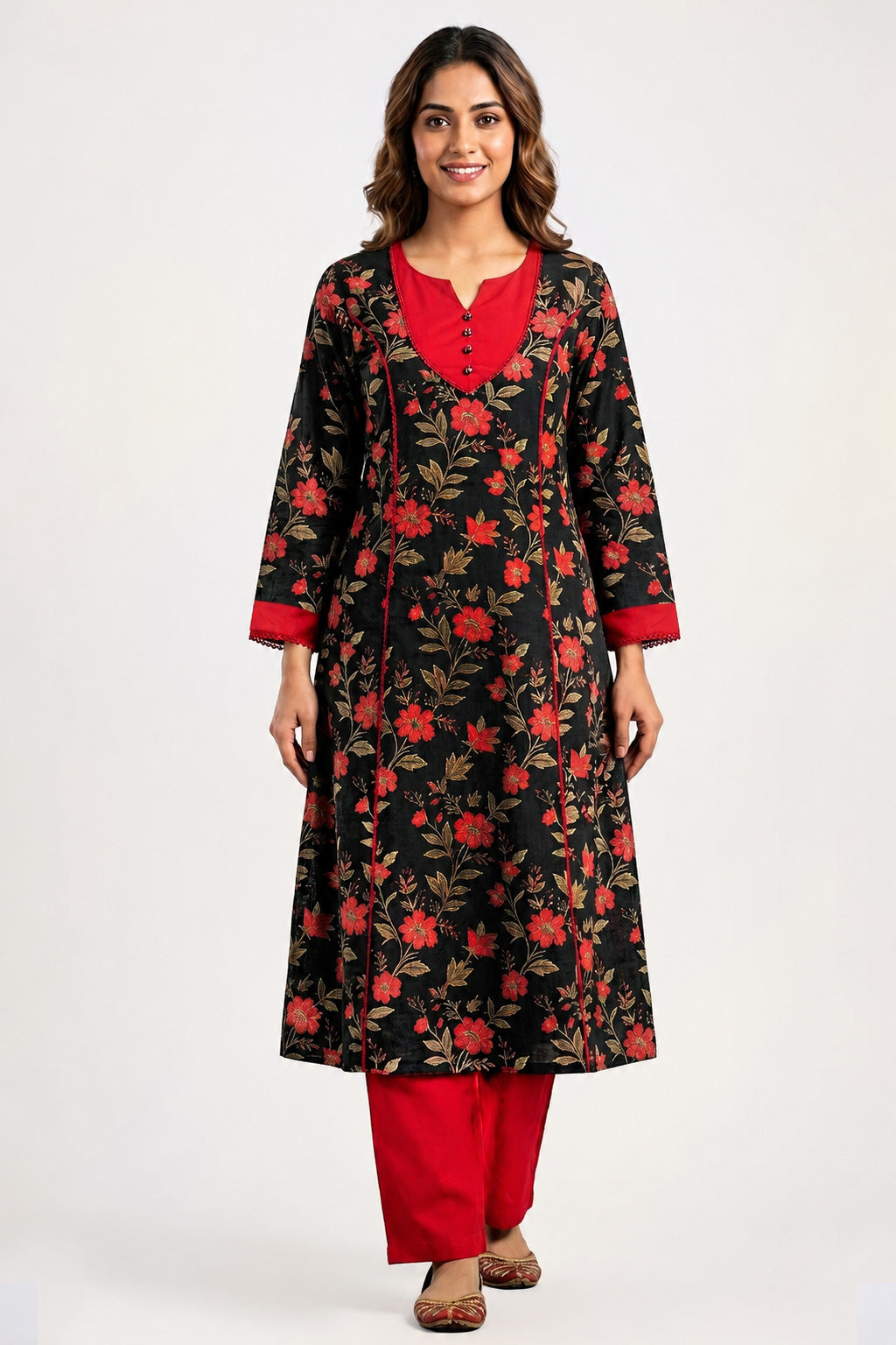 Elegant Floral Print Cotton A-Line Kurta Set with Solid Palazzo - Black & Red
