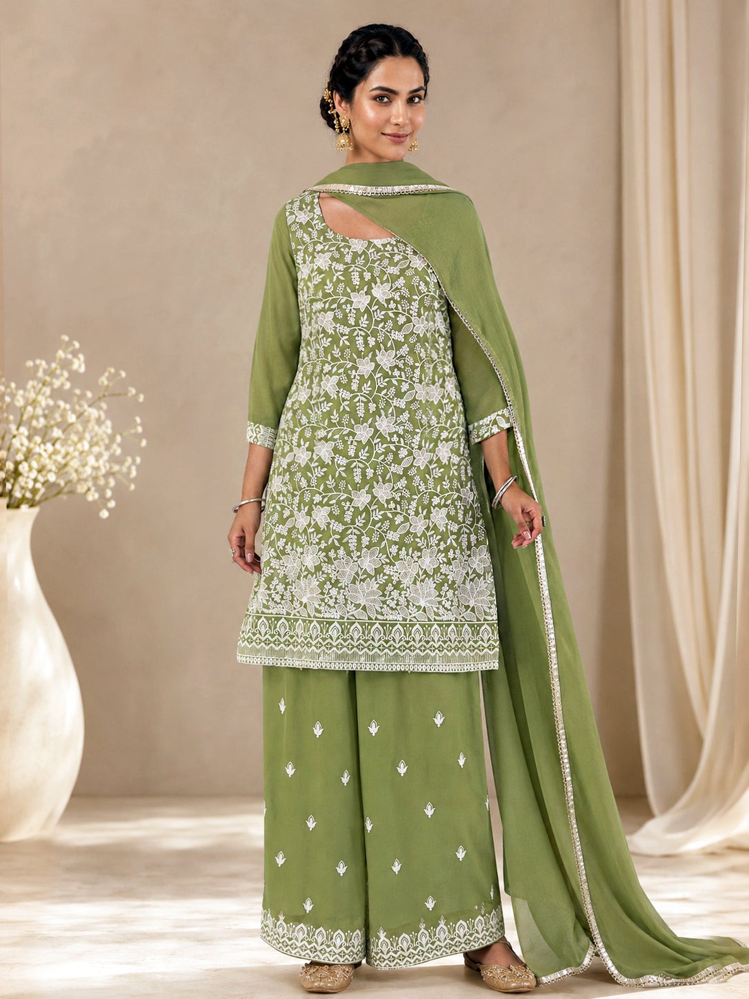 Elegant Floral Thread Embroidered Cotton Palazzo Suit Set – Sage Green