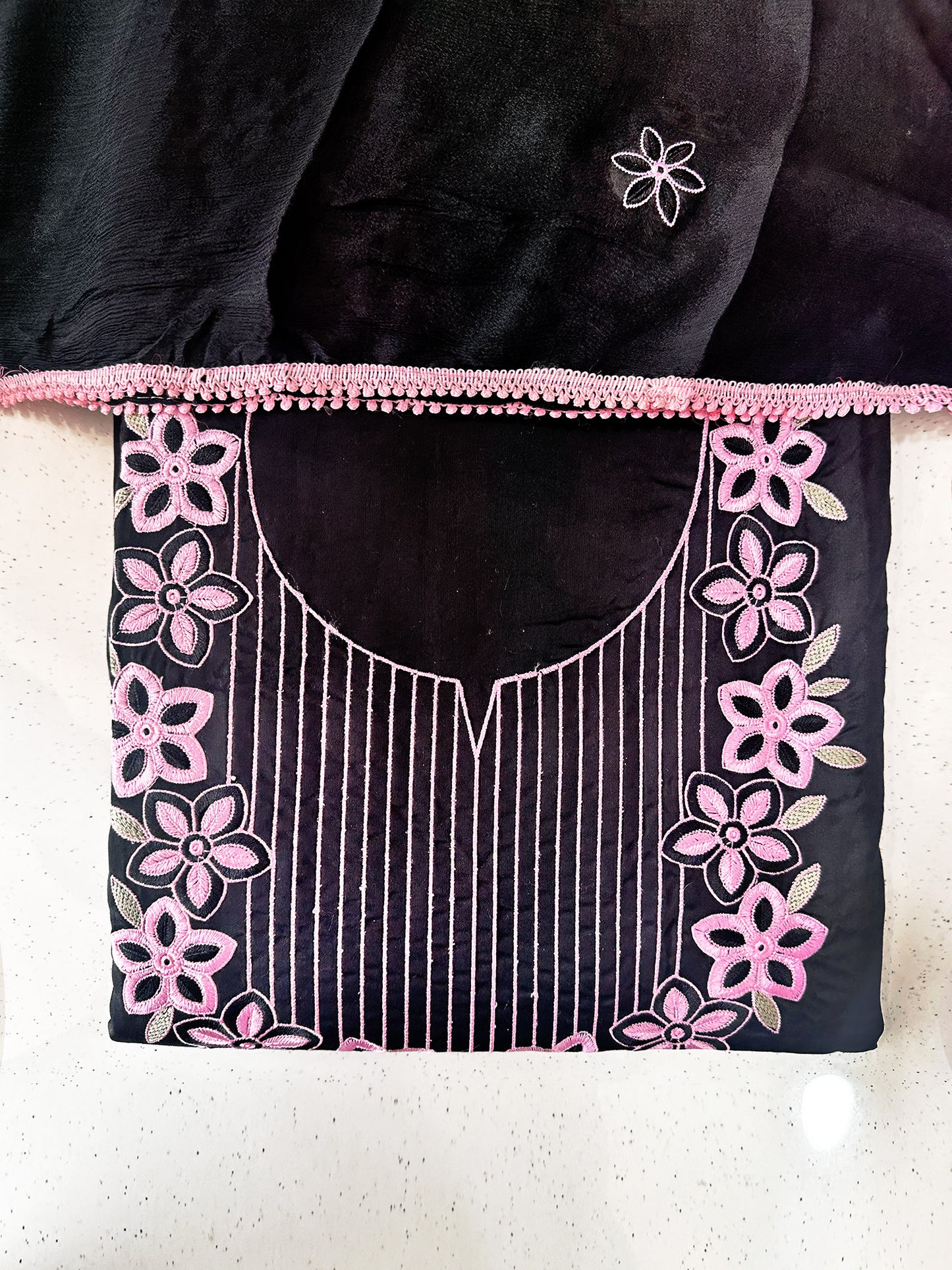 Unstitched Suit Set – Floral Embroidery & Embroidered Chinon Dupatta Navy Blue & Black