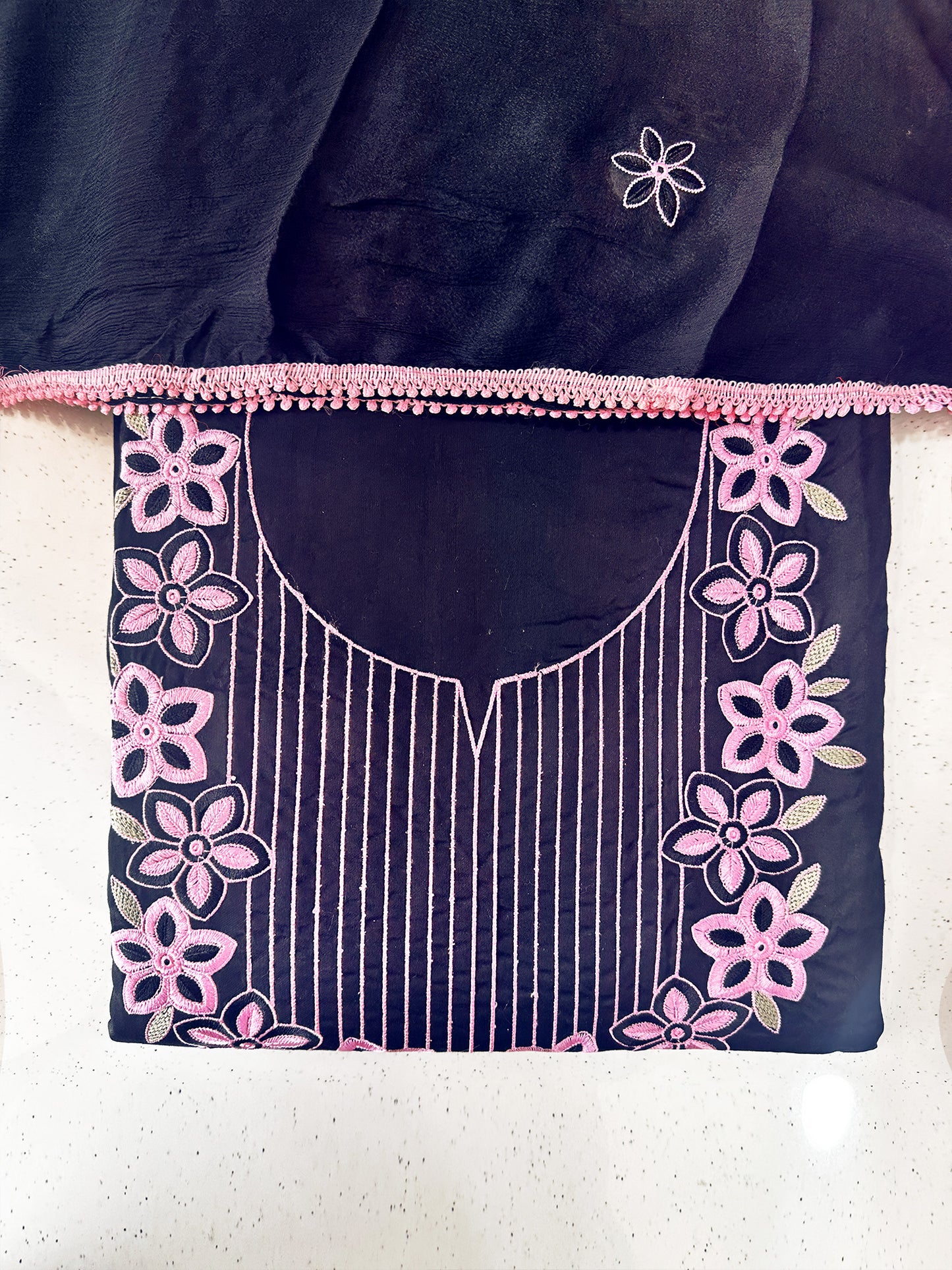 Unstitched Suit Set – Floral Embroidery & Embroidered Chinon Dupatta Navy Blue & Black
