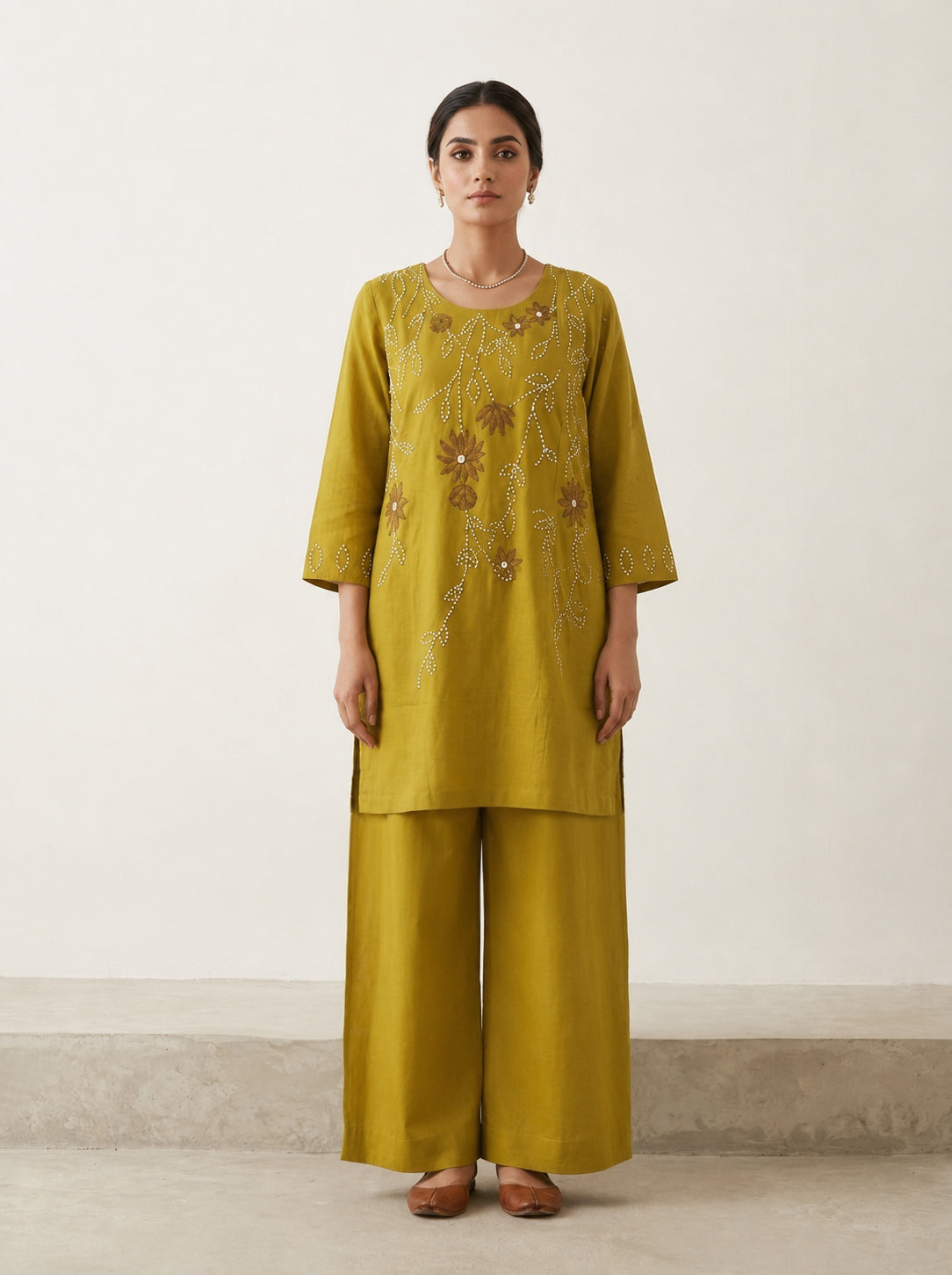 Hand-Embroidered Silk Tunic & Palazzo Set – Festive Mehndi Green