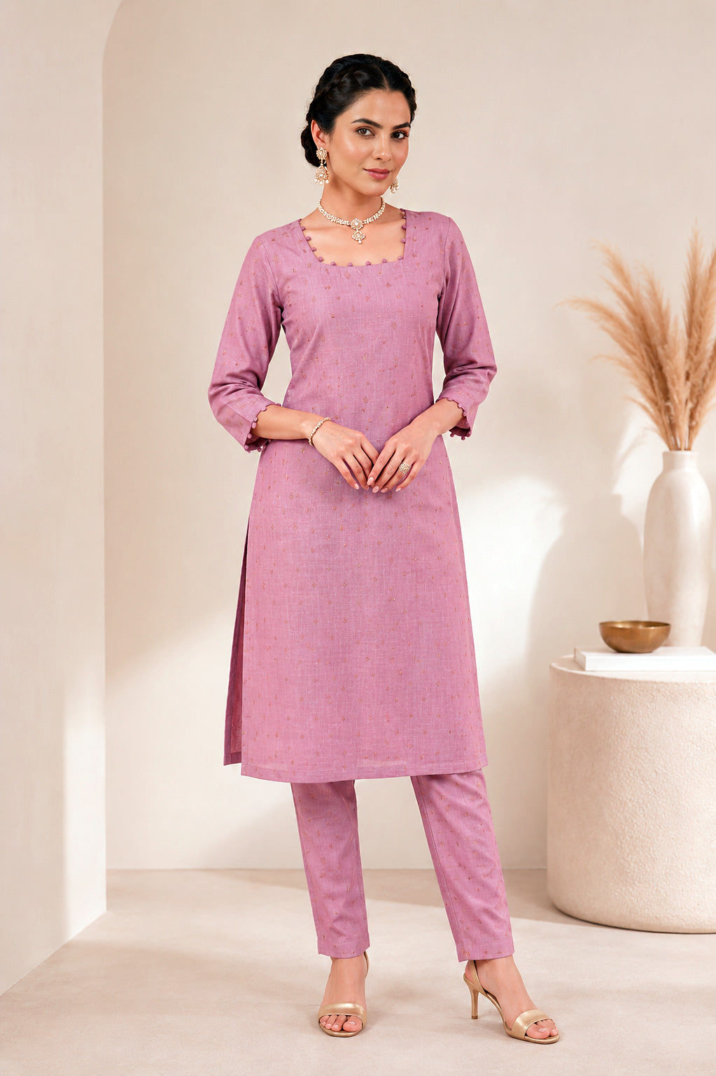 Designer Scallop Neck Kurta Trousers Set – Onion Pink