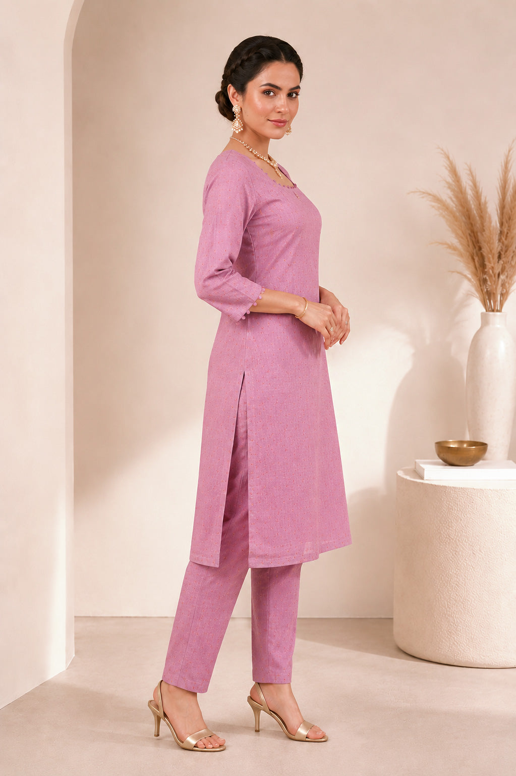 Designer Scallop Neck Kurta Trousers Set – Onion Pink