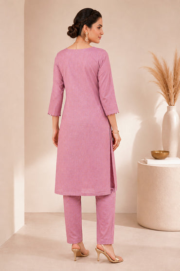 Designer Scallop Neck Kurta Trousers Set – Onion Pink
