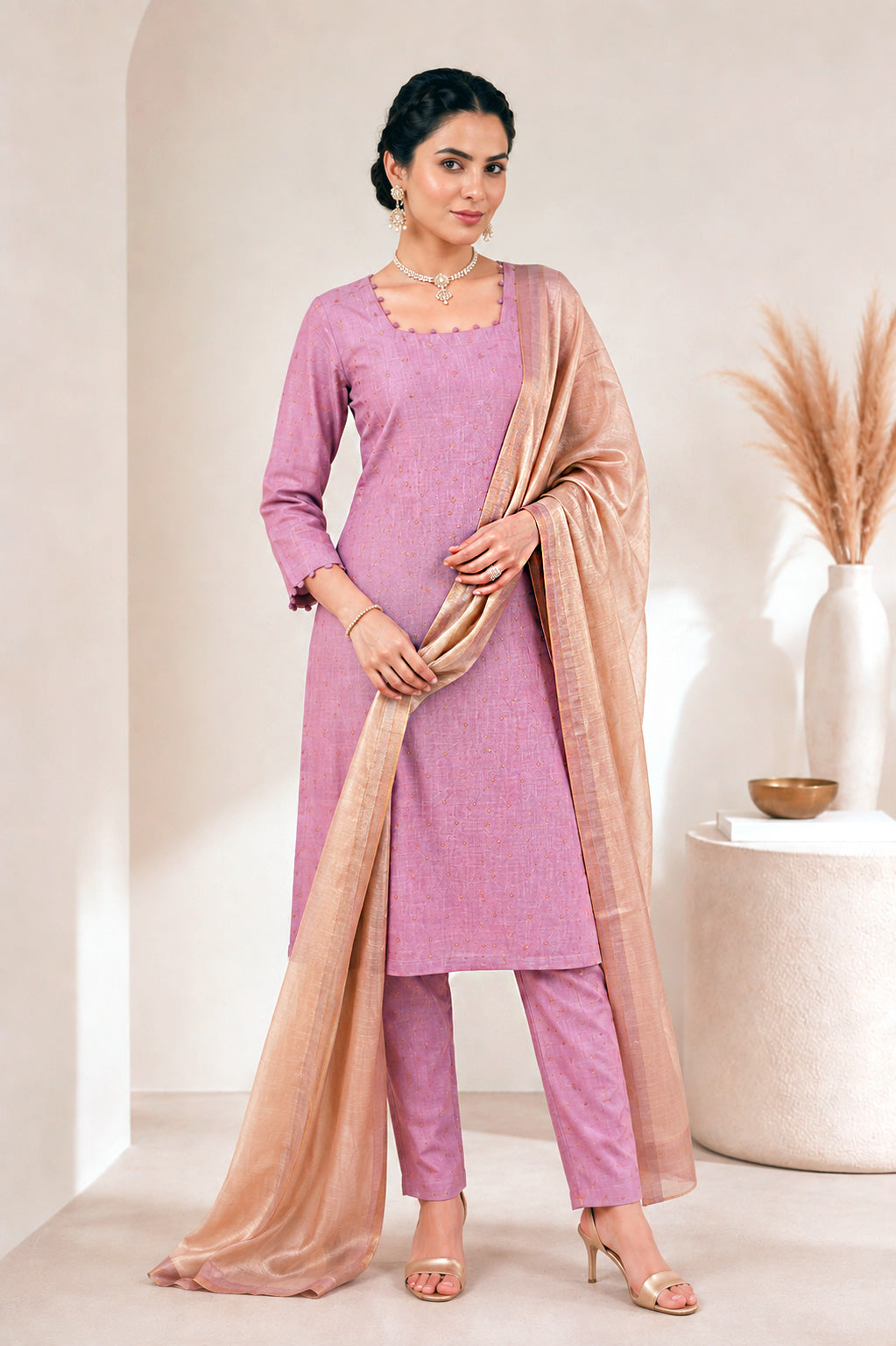 Designer Scallop Neck Kurta Trousers Set – Onion Pink