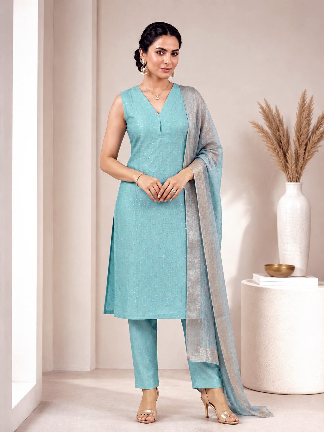 Sleeveless Kurta Trousers Set – Aqua Green