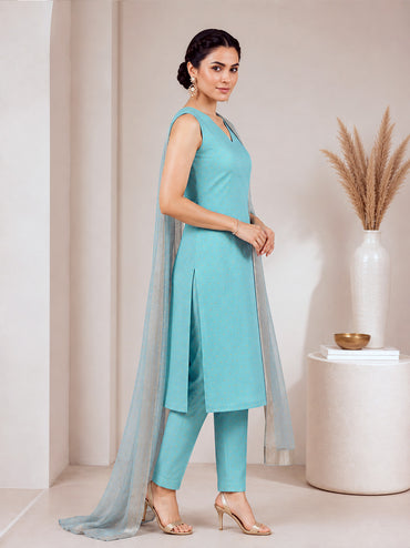 Sleeveless Kurta Trousers Set – Aqua Green