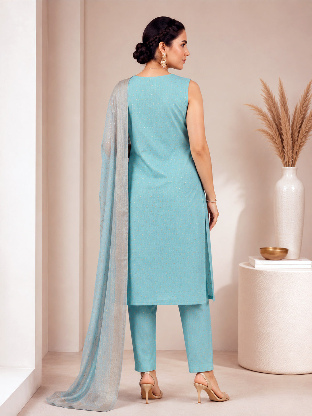 Sleeveless Kurta Trousers Set – Aqua Green