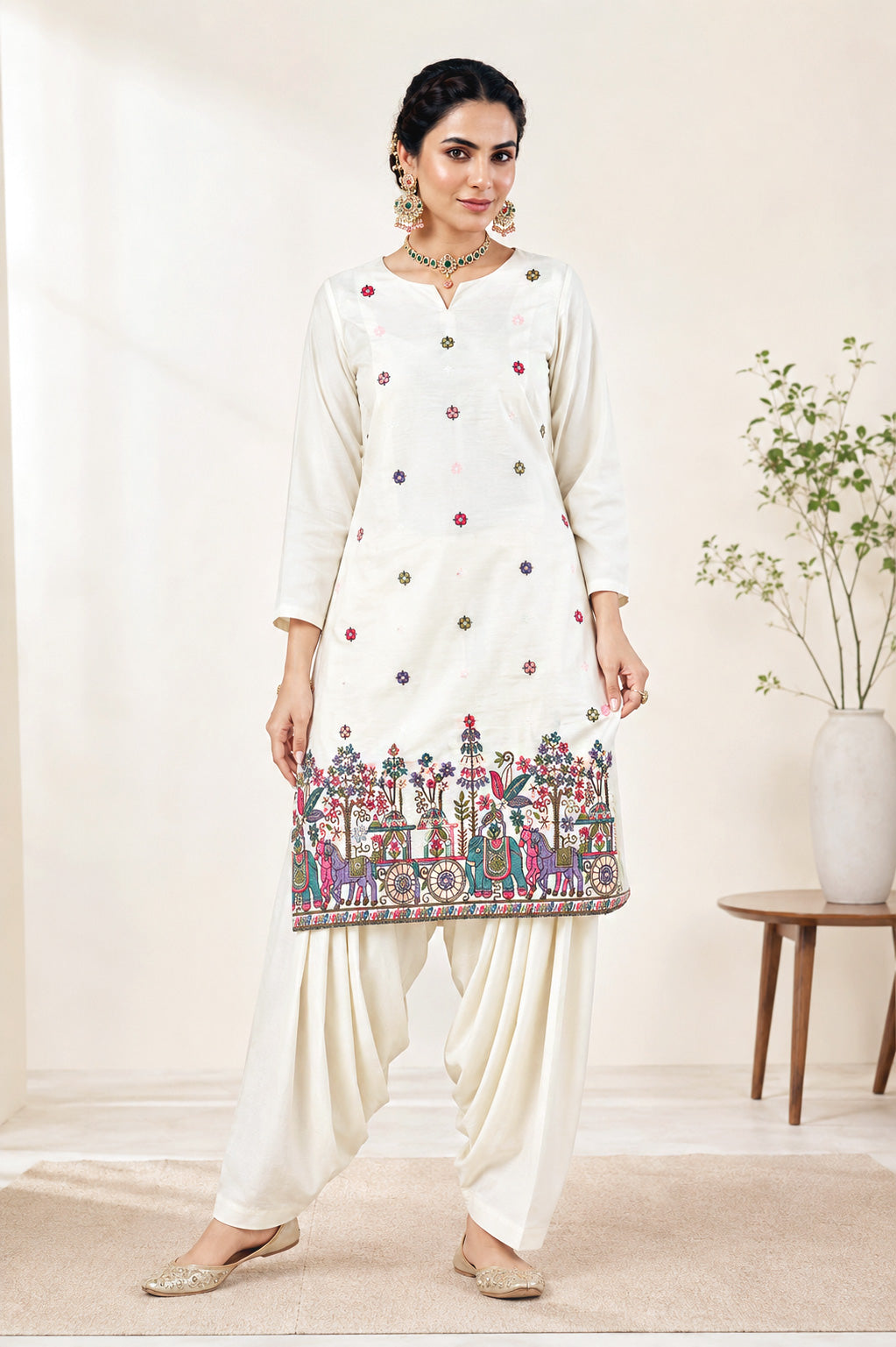 Artistic Figure Embroidered Short Kurti with Patiala Salwar – Off-White