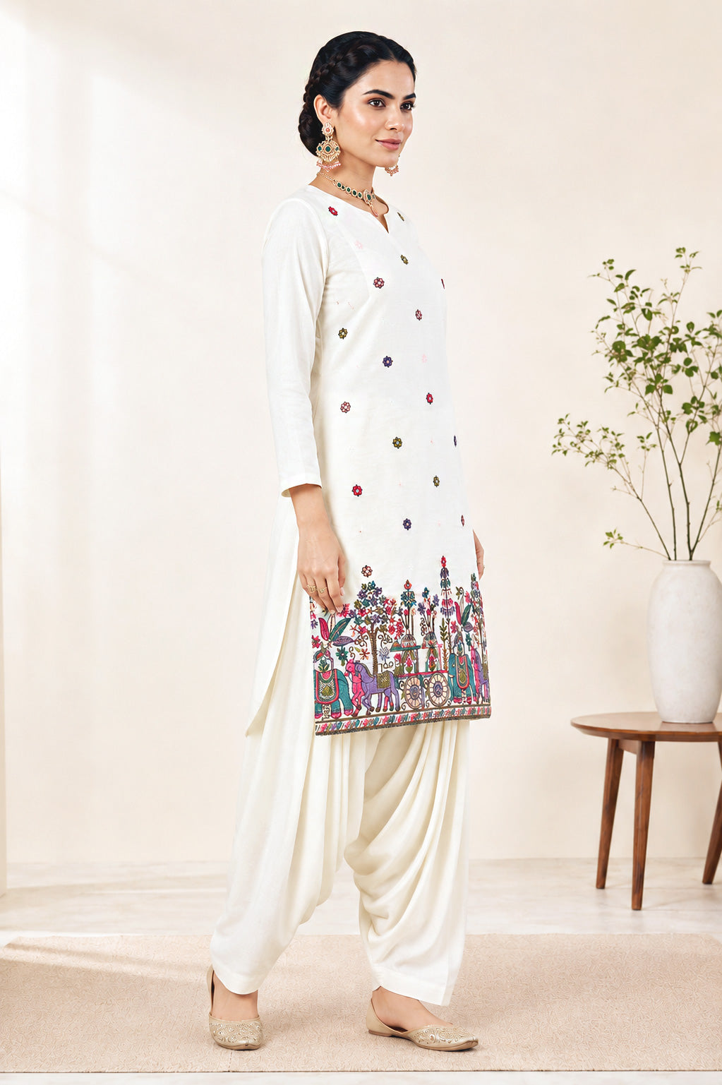Artistic Figure Embroidered Short Kurti with Patiala Salwar – Off-White