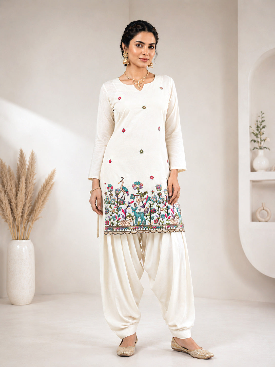Artistic Figure Embroidered Short Kurti with Patiala Salwar – Off-White