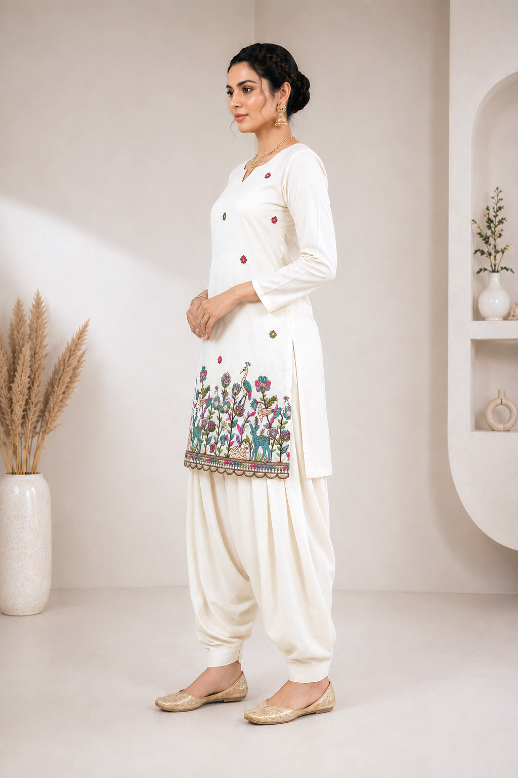 Artistic Figure Embroidered Short Kurti with Patiala Salwar – Off-White