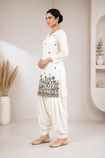 Artistic Figure Embroidered Short Kurti with Patiala Salwar – Off-White