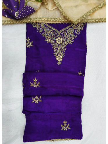 Crepe Handwork Suit Set with Hand-Painted Shimmer Organza Dupatta