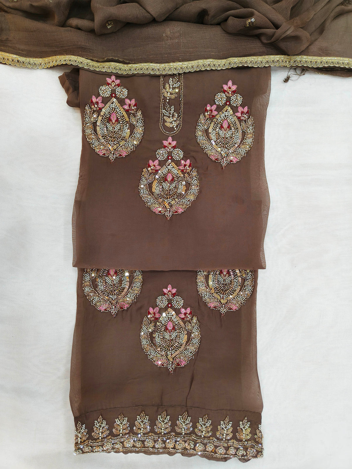 Handwork Embroidered Unstitched Suit Set Chocolate Brown