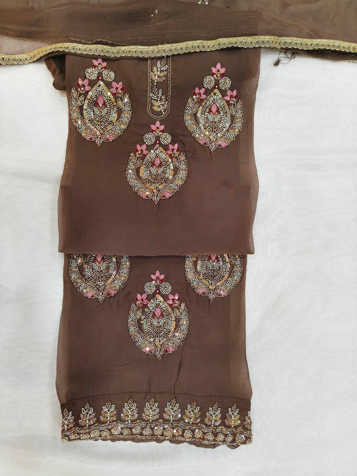 Handwork Embroidered Unstitched Suit Set Chocolate Brown