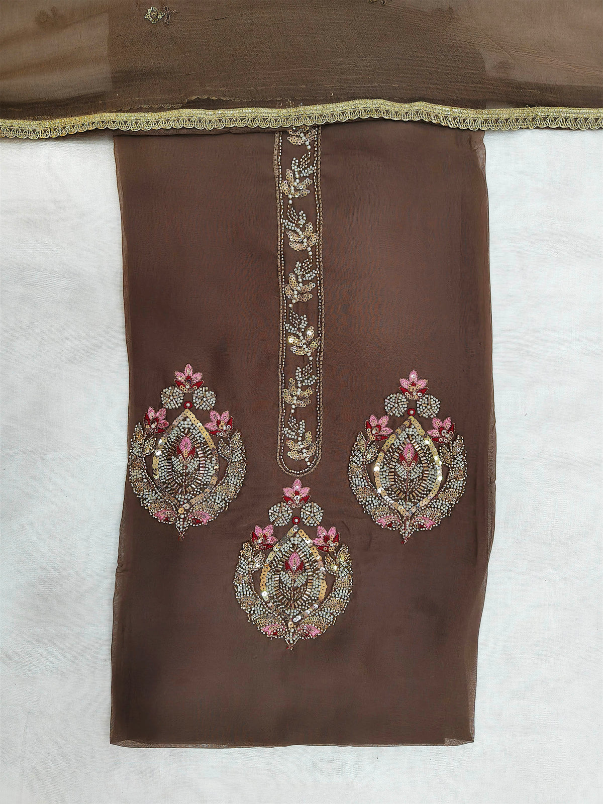 Handwork Embroidered Unstitched Suit Set Chocolate Brown
