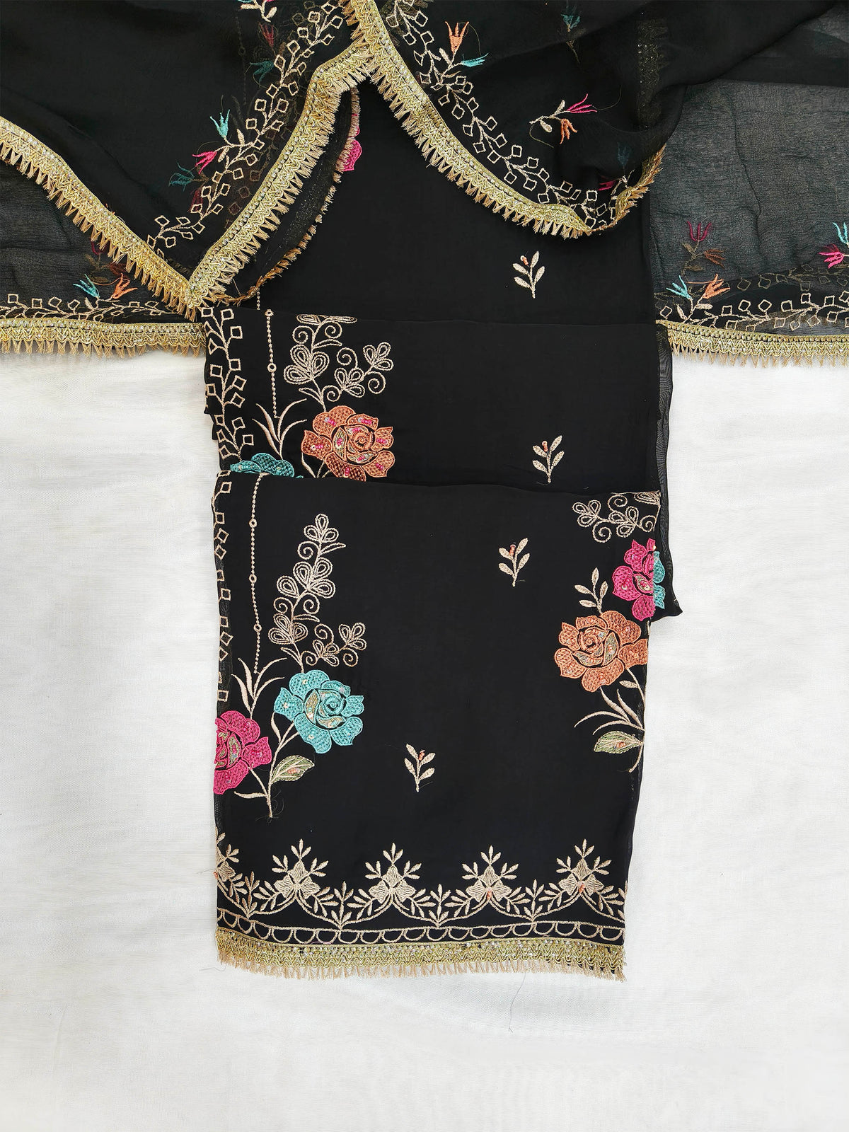 Organza Floral Embroidered Unstitched Suit Set with Chiffon Dupatta