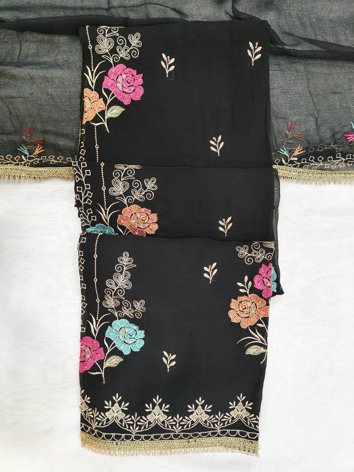 Organza Floral Embroidered Unstitched Suit Set with Chiffon Dupatta