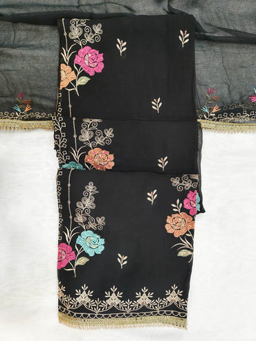 Organza Floral Embroidered Unstitched Suit Set with Chiffon Dupatta